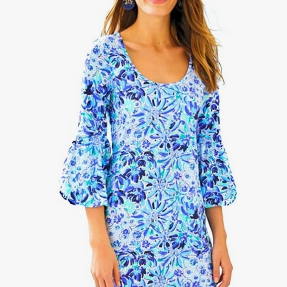 Lilly Pulitzer Carlile Small Blue Iris High Mainten Blouson‎ Sleeve Pima Beach S